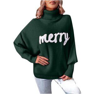Oversized Christmas Green Sweater Women 2025 Merry Turtleneck Batwing Sleeve
